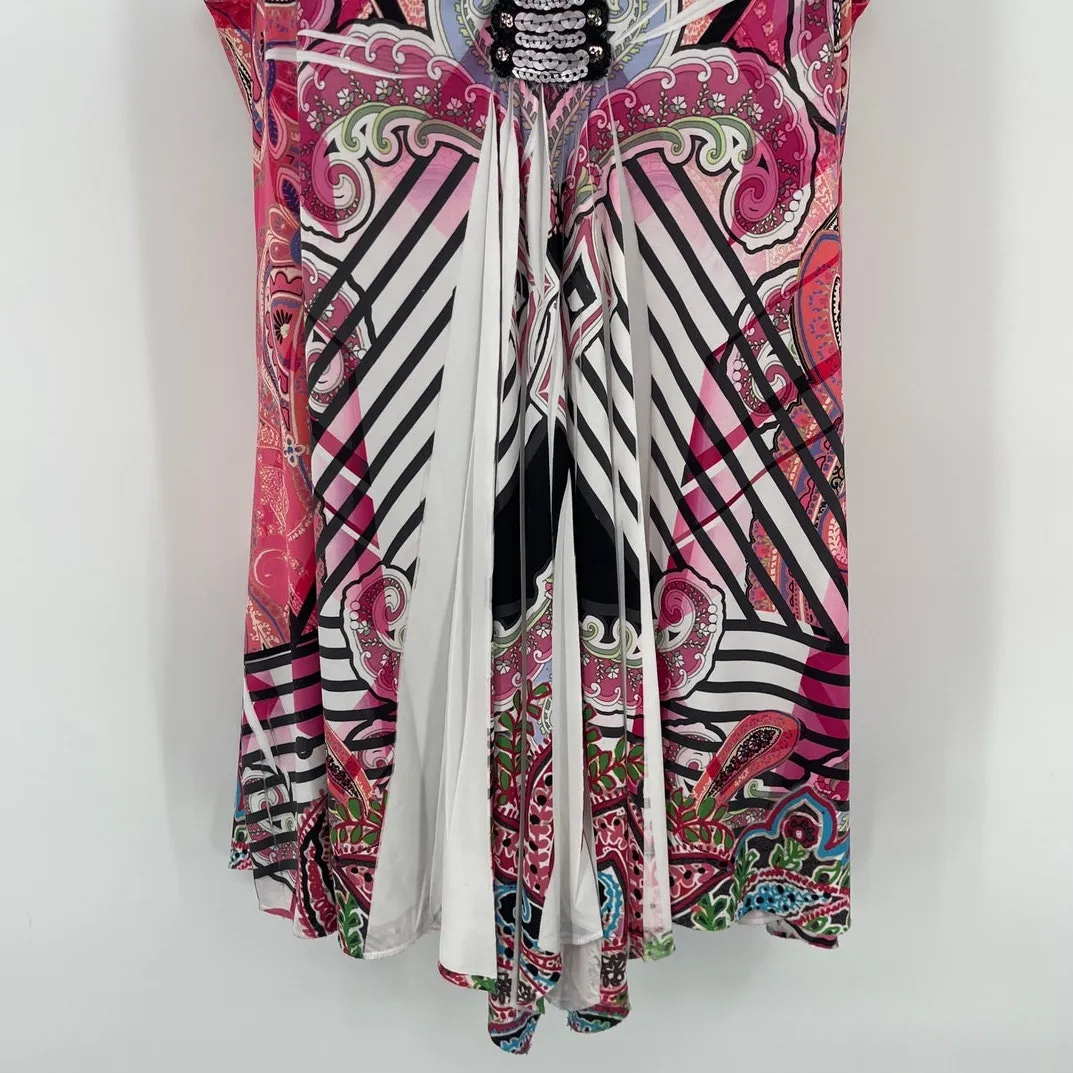 Unity World Y2K Babydoll Top Sz M Boho Fairy Grunge Tunic Pleated Sequin Paisley Pink Size M - Image 3