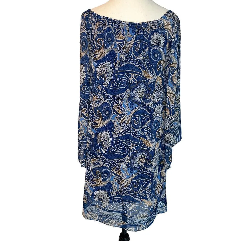 Alice + Olivia Cari Sheer Paislry Blue Off Shoulder Gypsy Sleeve Dress Size S - Image 6