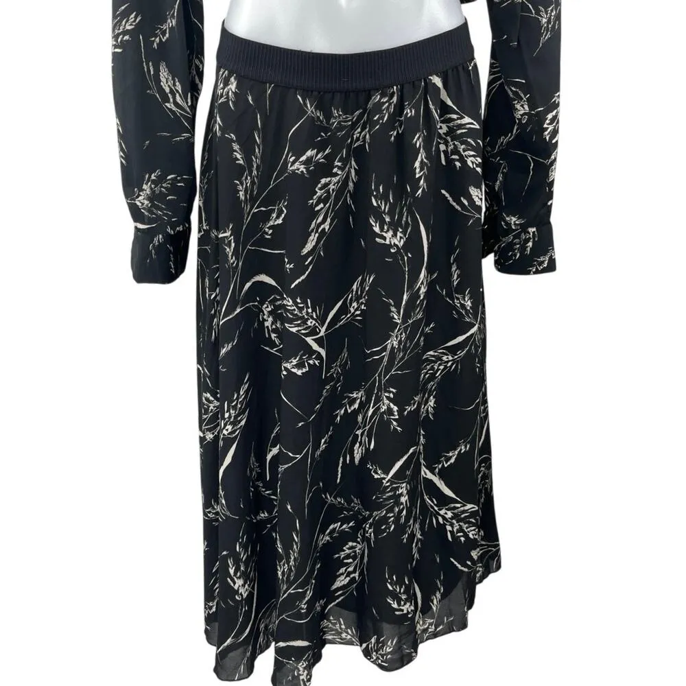 H&M Black White Printed Tie Neck Long Sleeve Blouse Midi Skirt 2-Piece Set Sz 14 - Image 4