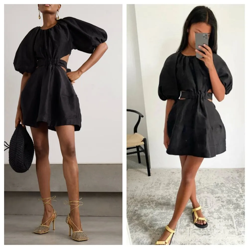 AJE Mimosa Psychedelia Black Onyx Mini Dress Puff Sleeves Cutouts Size 8 - Image 3