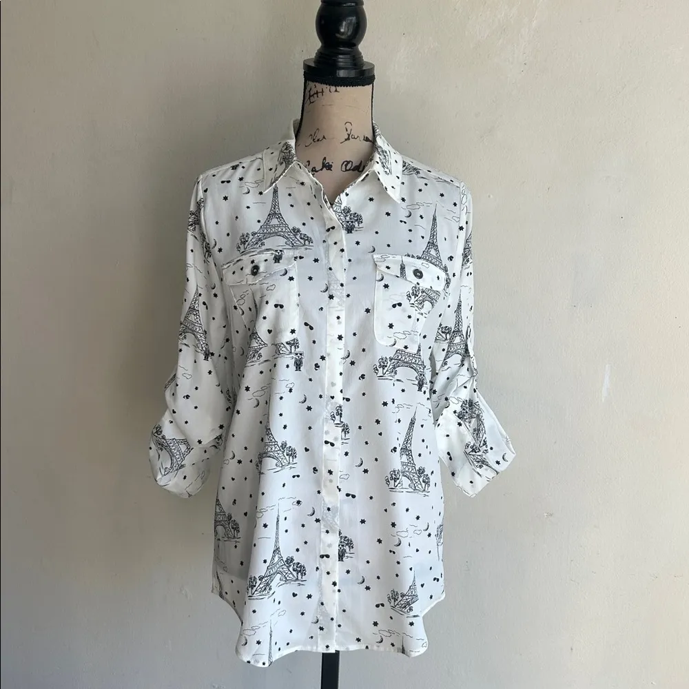 Karl Lagerfeld Button Down White Black Top Size Small - Image 14