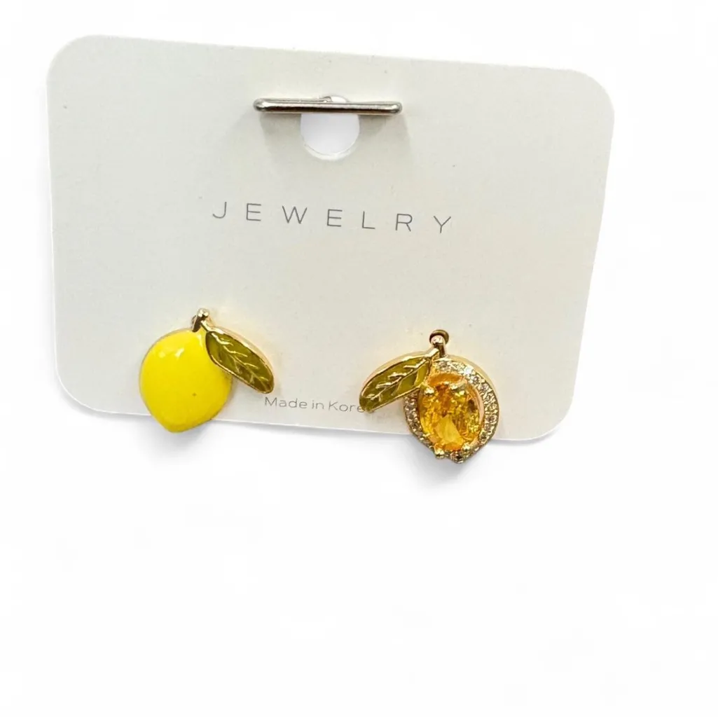 Sunlit Lemon Enamel & Gold Gem Earrings‎ 1cm Mismatched Summer Jewelry Yellow - Image 3