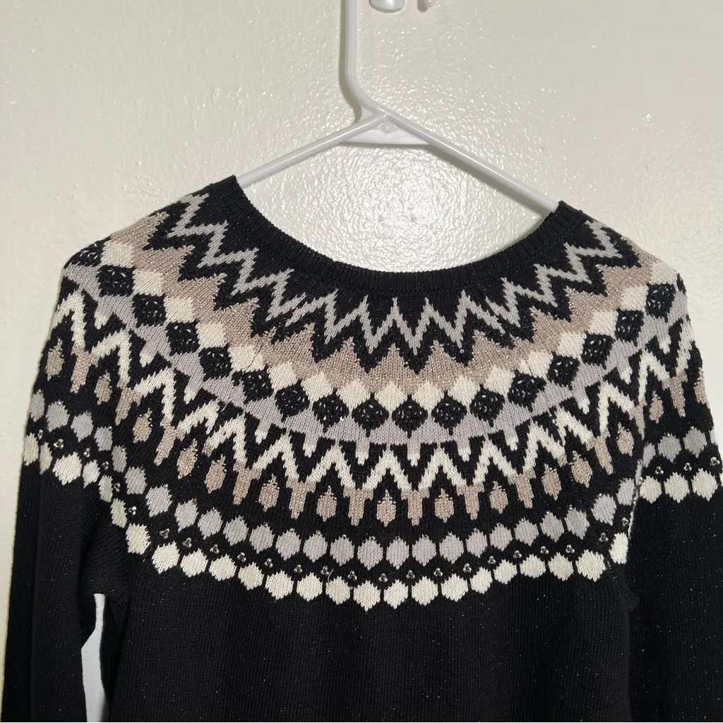 J. Jill Fair Isle Nordic Crewneck Sweater Black Sparkle S - Image 9