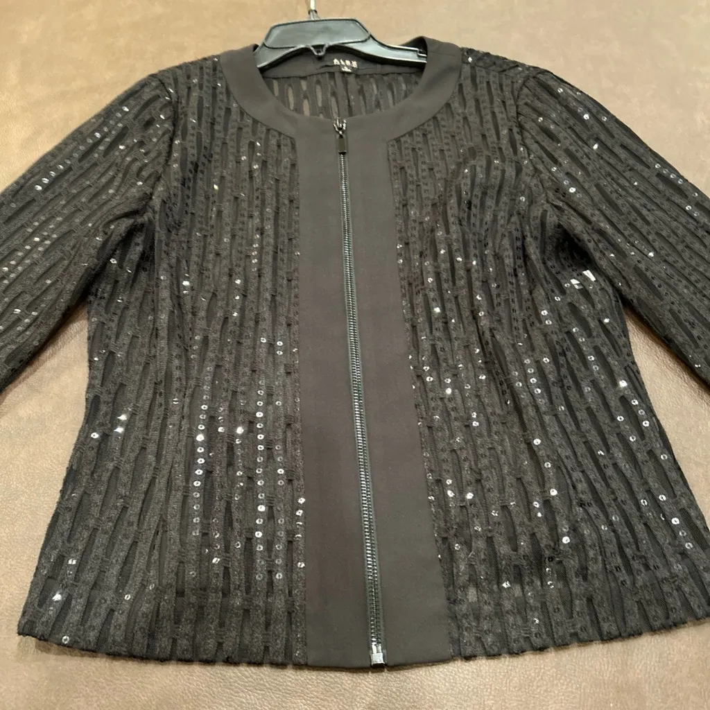 Alex Marie Black Zip-Up Jacket Mesh Allover Sequins Size S Party Holiday Church - Image 5