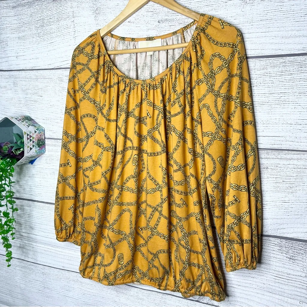 Michael Kors Mustard MK Logo Chain Print Blouse Top Size Medium - Image 2