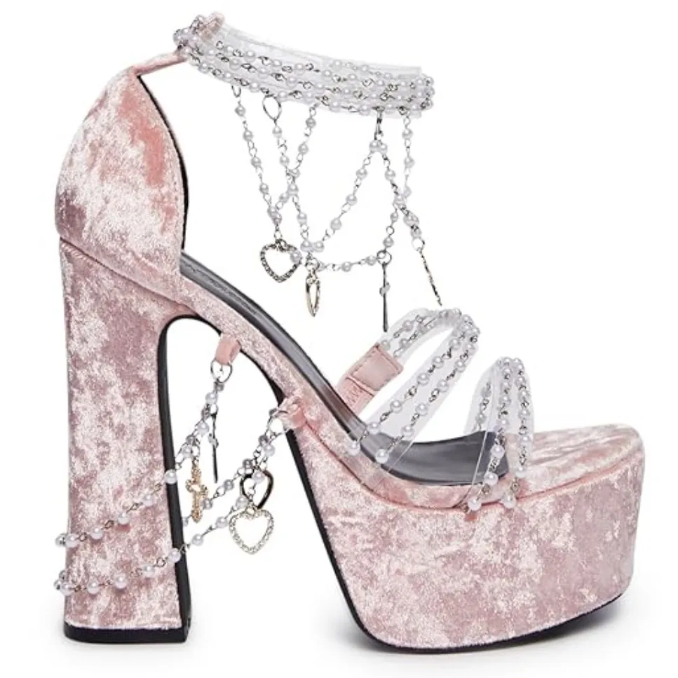 Dolls Kill Sugar Thrillz Revelation Platform Heels Pink Velvet with Accents 
9 - Image 4