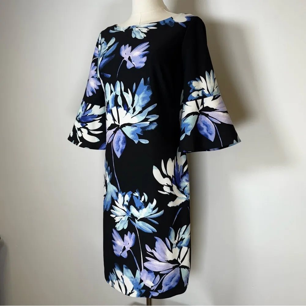 New! Vince Camuto Black Blue Purple Floral 3/4 Bell Sleeve Dress Women’s Size 4 - Image 2
