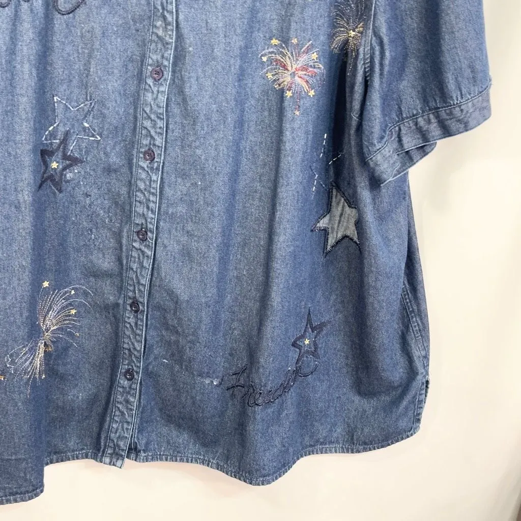 Liz & Me‎ Plus Size 34W 36W Denim Top Fireworks Americana Fourth of July 1464 Blue - Image 6