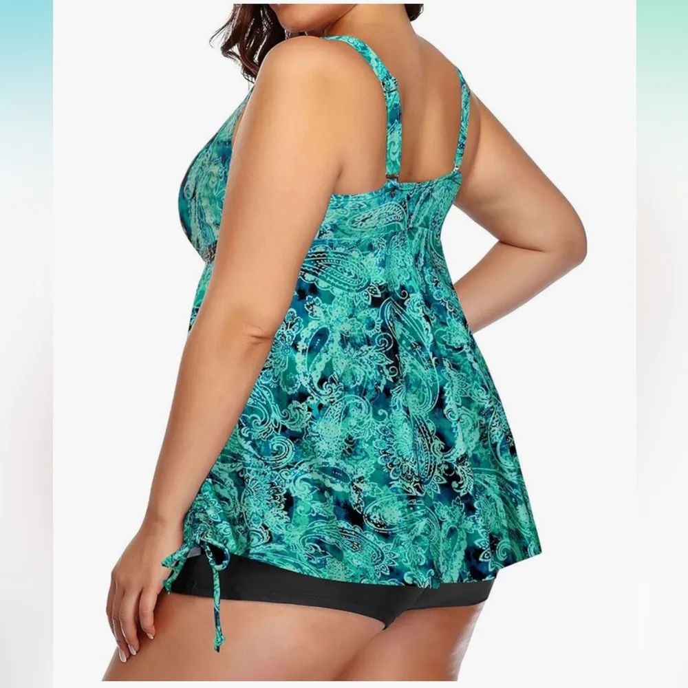 Aqua Eve Plus Size Tankini Swimsuit Two Piece Flowy with Shorts size 16W Green - Image 4