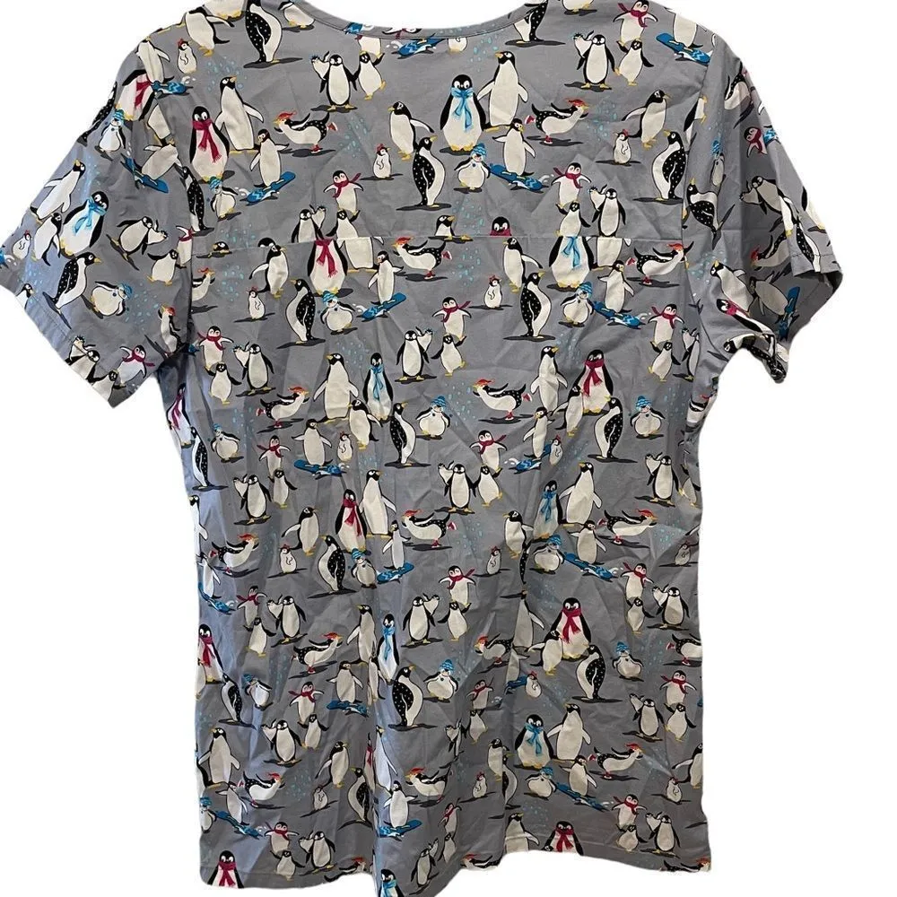 Scrub Star Gray White Black Winter Wonderland Penguin Short Sleeve Scrubs Top - Image 4