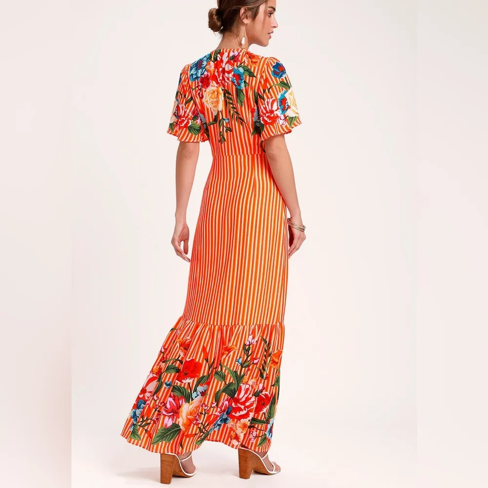 Roam the Riviera Orange Multi Striped Button-Up Maxi Dress Size XS - Image 2