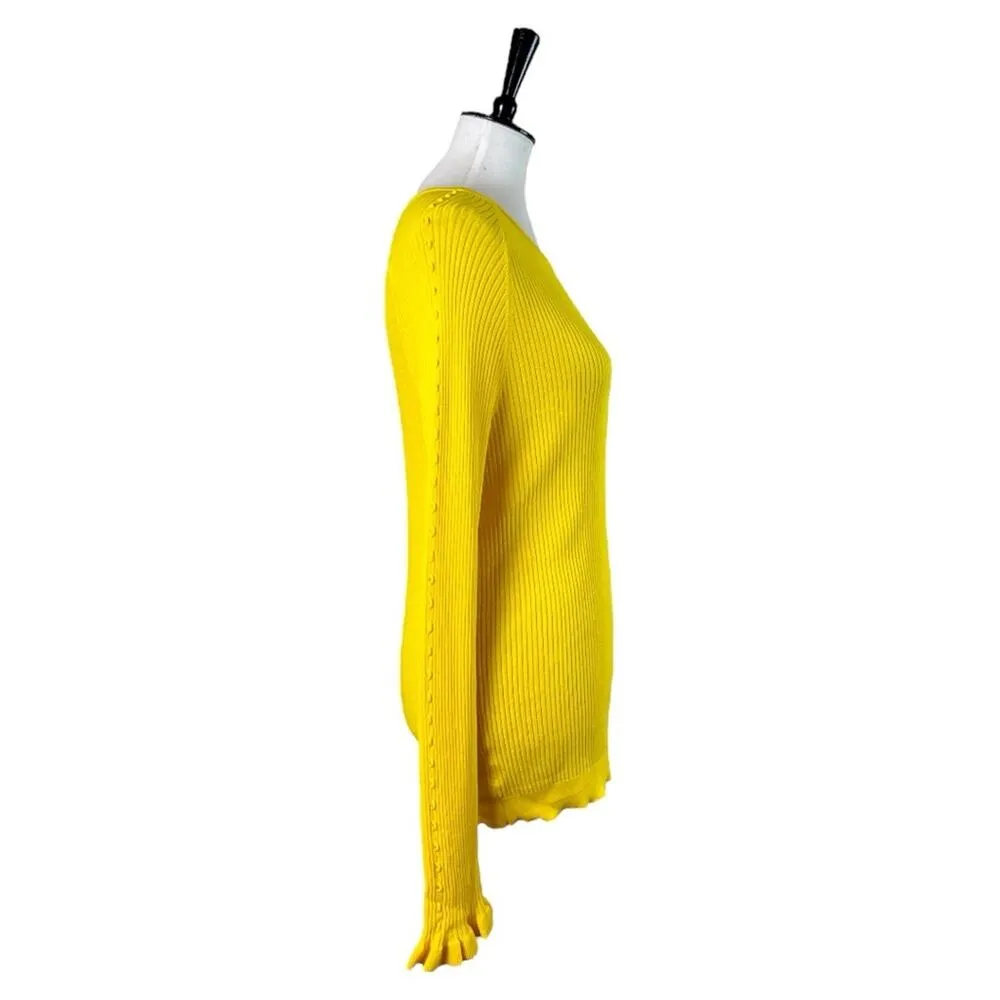 Ann Taylor Sweater Ribbed Ruffle Sleeves Fitted Bright Yellow Women Size Large - Image 4