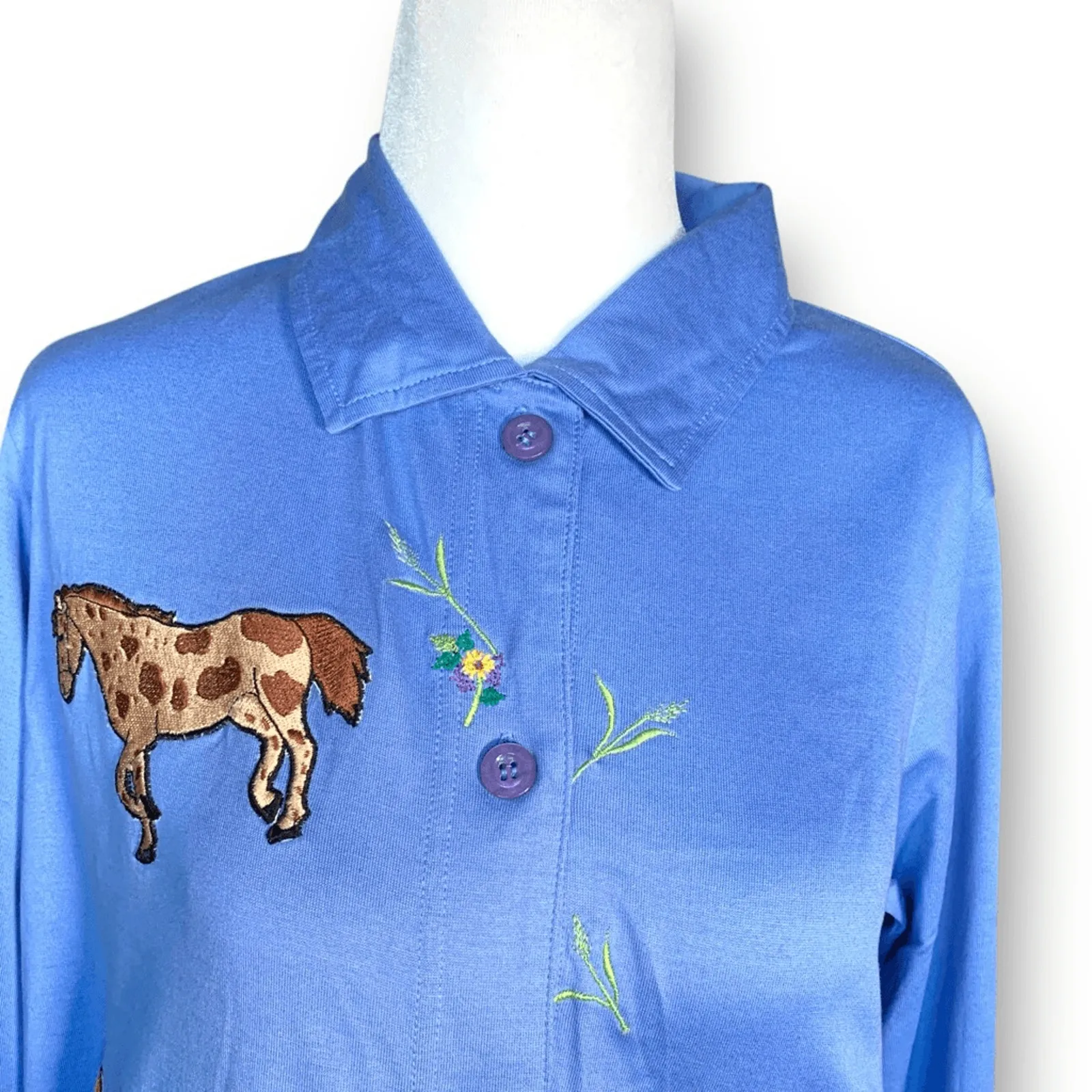 Vintage Michael Simon Lite Horse Embroidered Button Front Shirt Small Boho Ranch Blue - Image 2