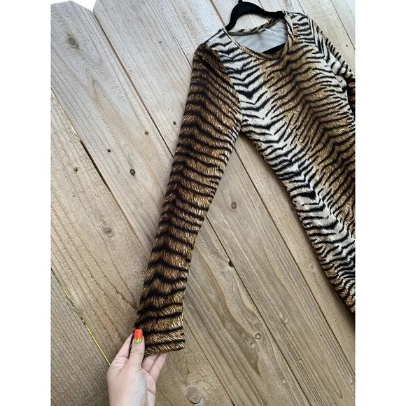 Grecerelle Tiger Print Bodycon Dress Size Small‎ animal long sleeve club summer Brown - Image 3