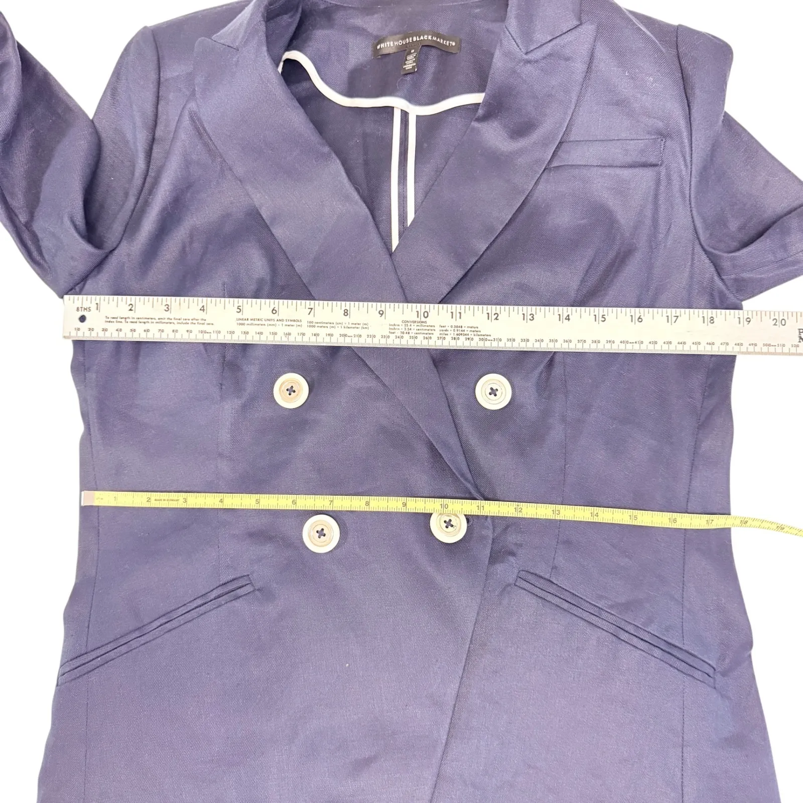 White House Black Market Double Breasted‎ Navy Linen Blend Blazer Size 6 - Image 4