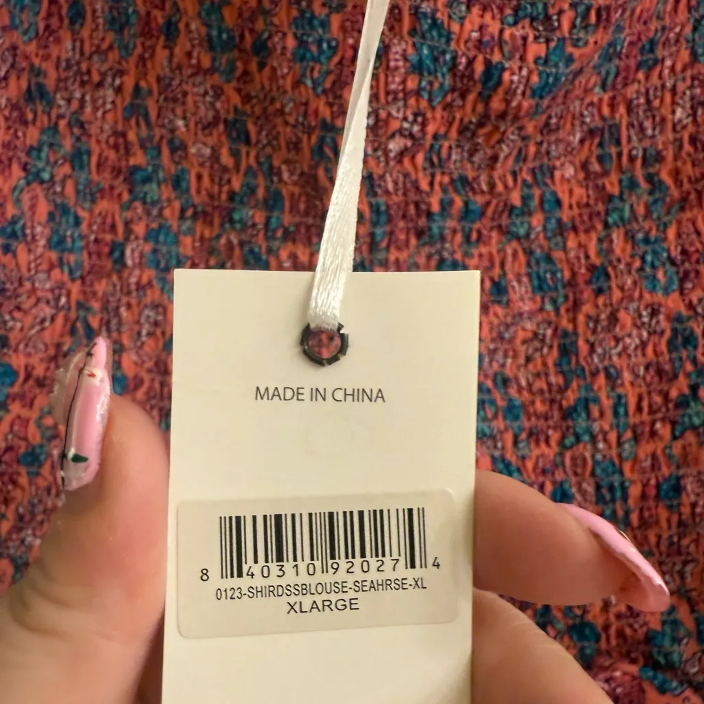 Simply Southern Pink Coral Blue Seahorse Shirred Smocked Blouse Top - size XL - Image 9