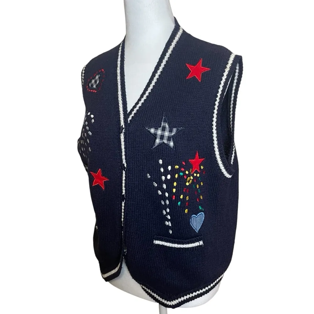 Vintage Robin Sinkler Fireworks Stars Knit‎ Embroidered Vest Medium Patriotic Blue - Image 2