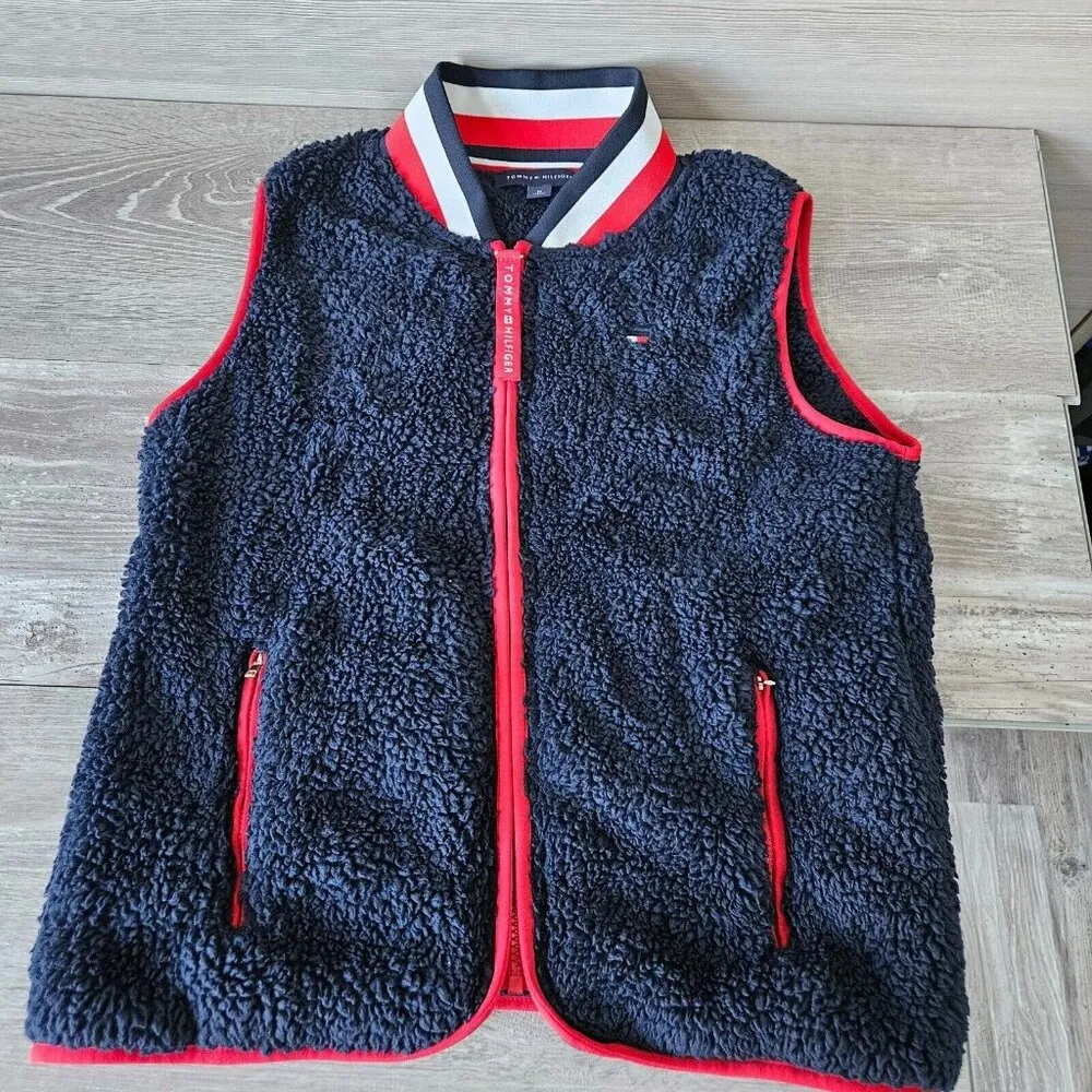 Tommy Hilfiger Jacket Vest Womens Medium Faux Fur Navy Blue Red White Full Zip - Image 6