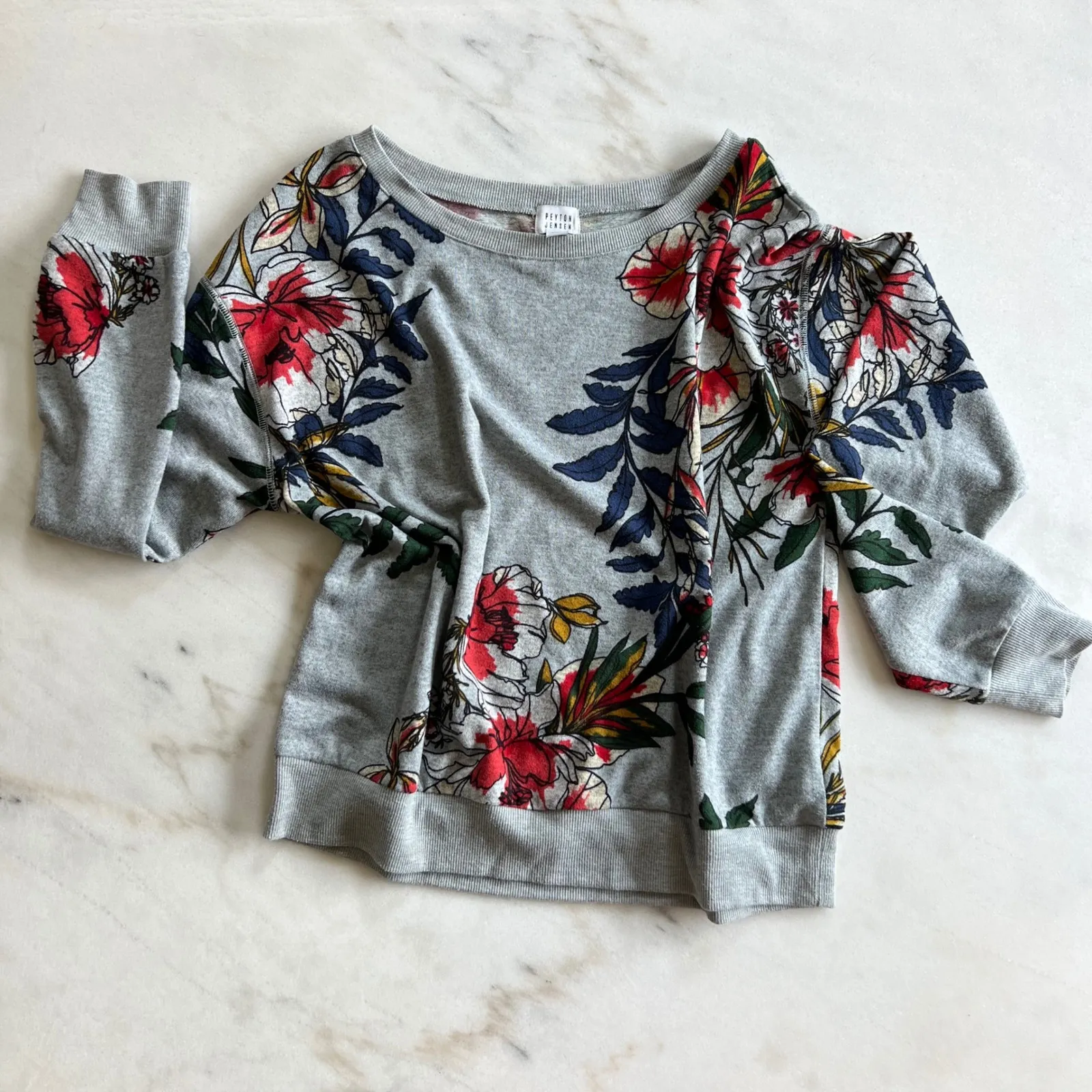 Peyton Jensen Floral Print Sweatshirt Gray Red Blue Women's Size S - Image 3