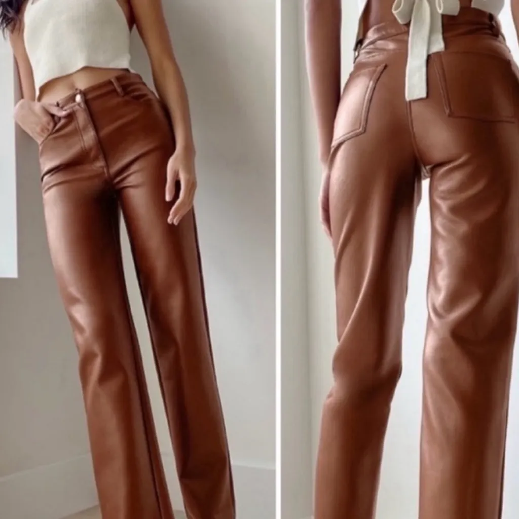 Aritzia Wilfred Melina Vegan Leather High Rise Straight Leg Pants‎ Cognac Size 2 - Image 2