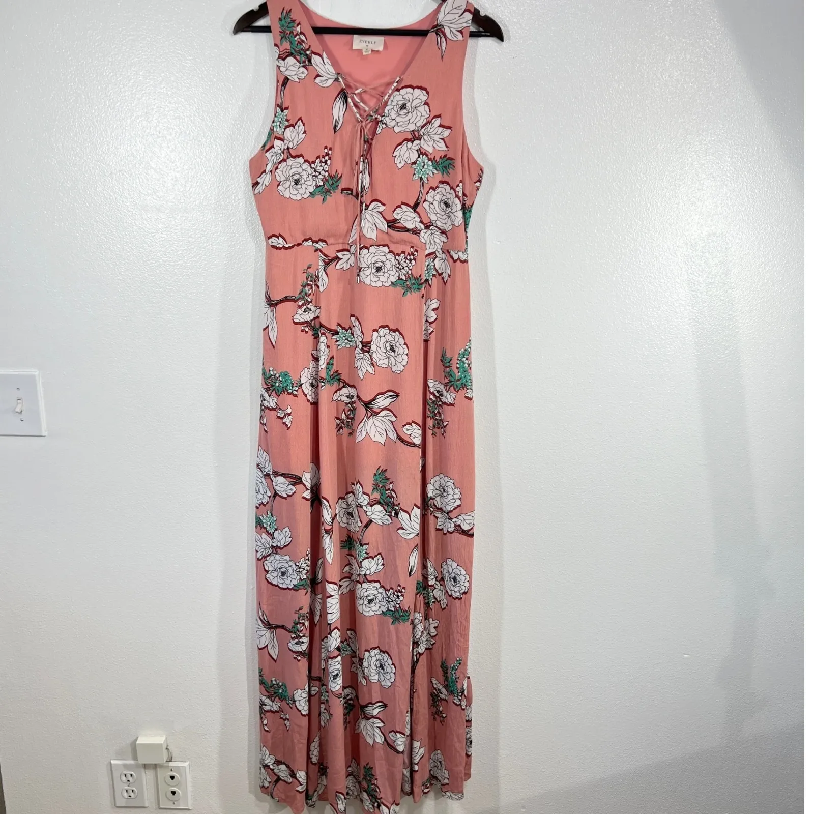 Everly Floral Maxi Dress M‎ Pink Sleeveless Boho V-Neck Side Slit Summer Casual - Image 2