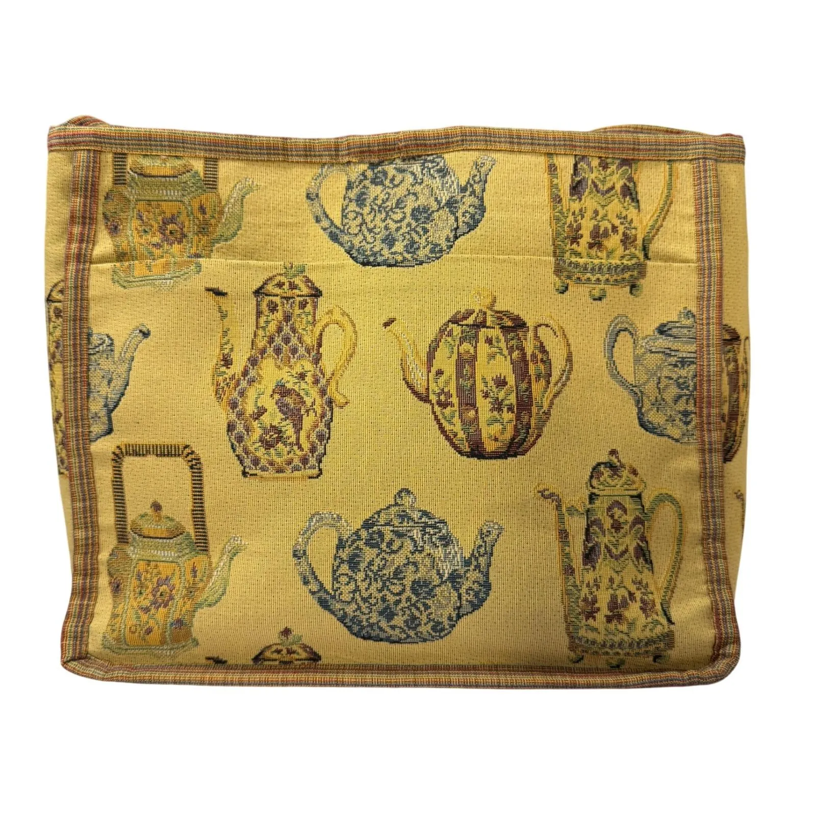 Handmade Vintage Tapestry Tote Bag Teapot Motif Fabric Gold Purse w Tassel - Image 7