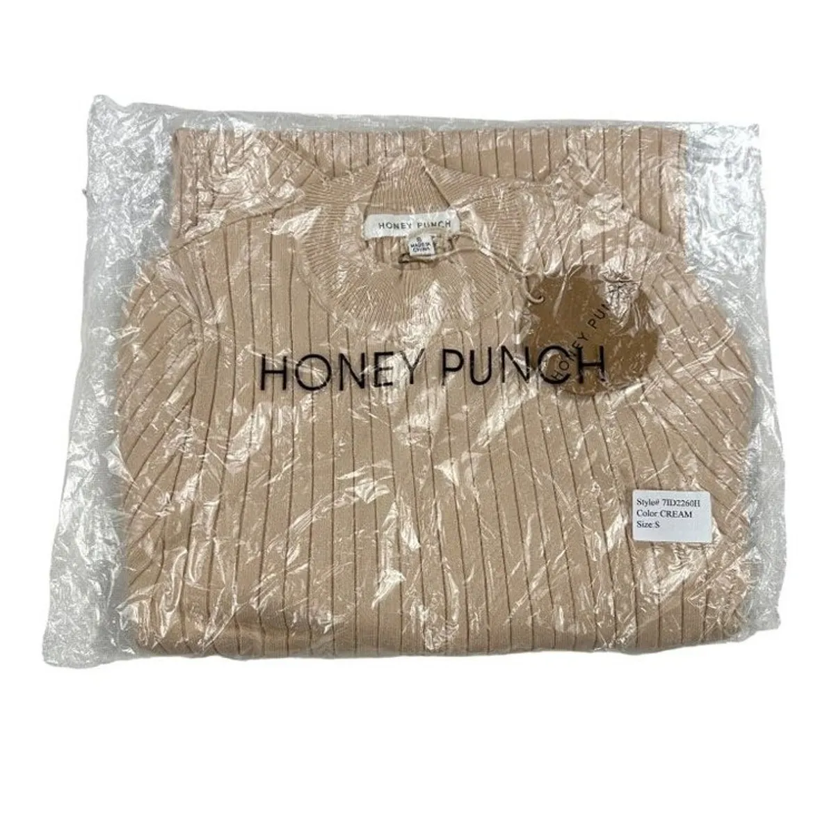 Honey Punch - Moch Neck Flare Sleeve Ribbed Mini Dress in Beige - Image 2