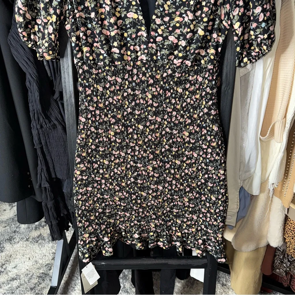 Abercrombie & Fitch Large Floral Smocked Waist Mini Dress Black Multi NWT $110 - Image 4