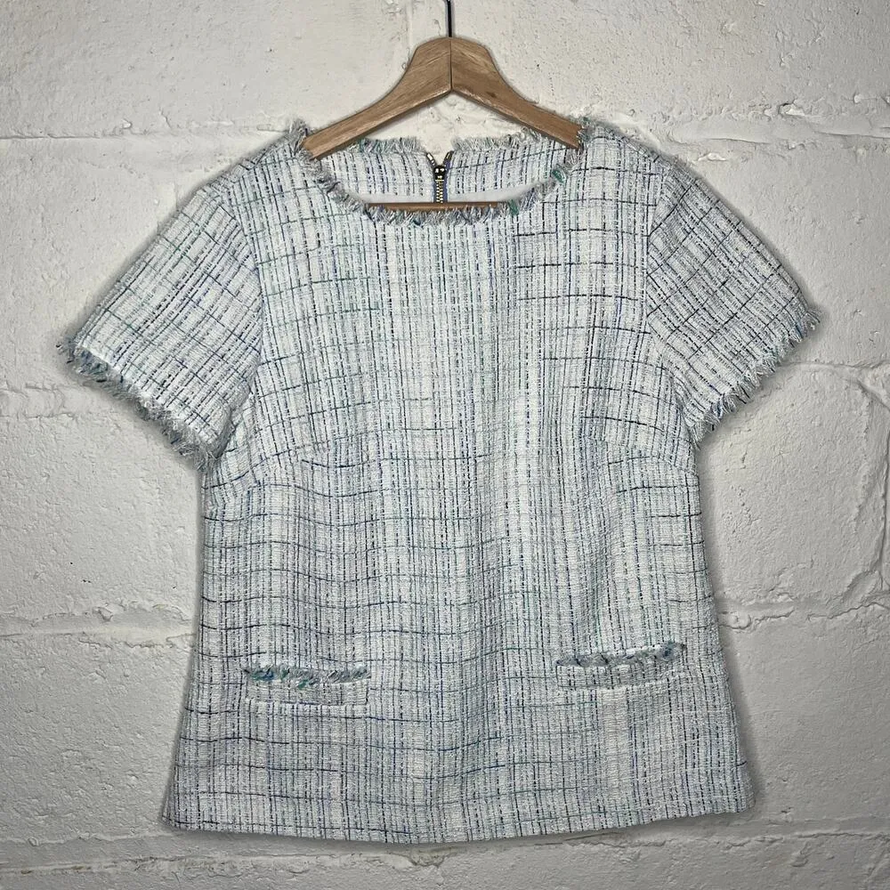 STS Sail to Sable Women's White Blue Aqua Frayed Tweed Zipper Top Size Small - Image 2