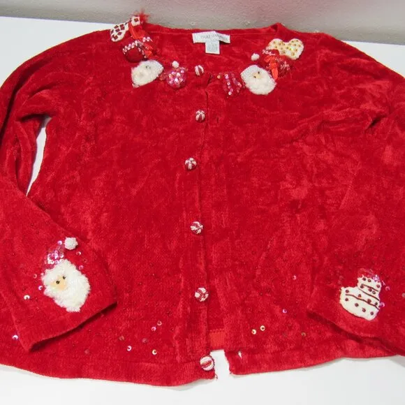 Love That Sweater Christmas Cardigan Santa Claus Stockings Red White Lg Beaded - Image 1
