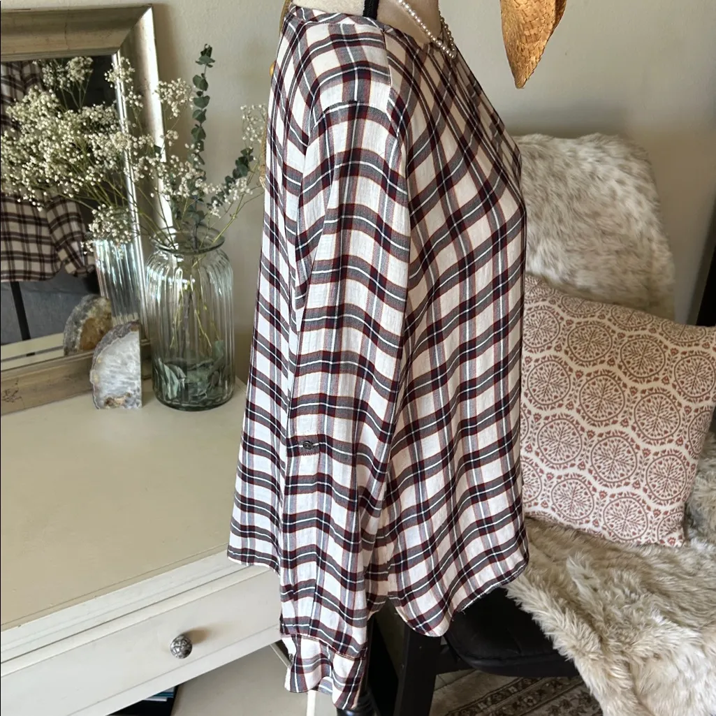 Ann Taylor loft white navy maroon plaid long sleeve boxy sheer blouse top M - Image 7