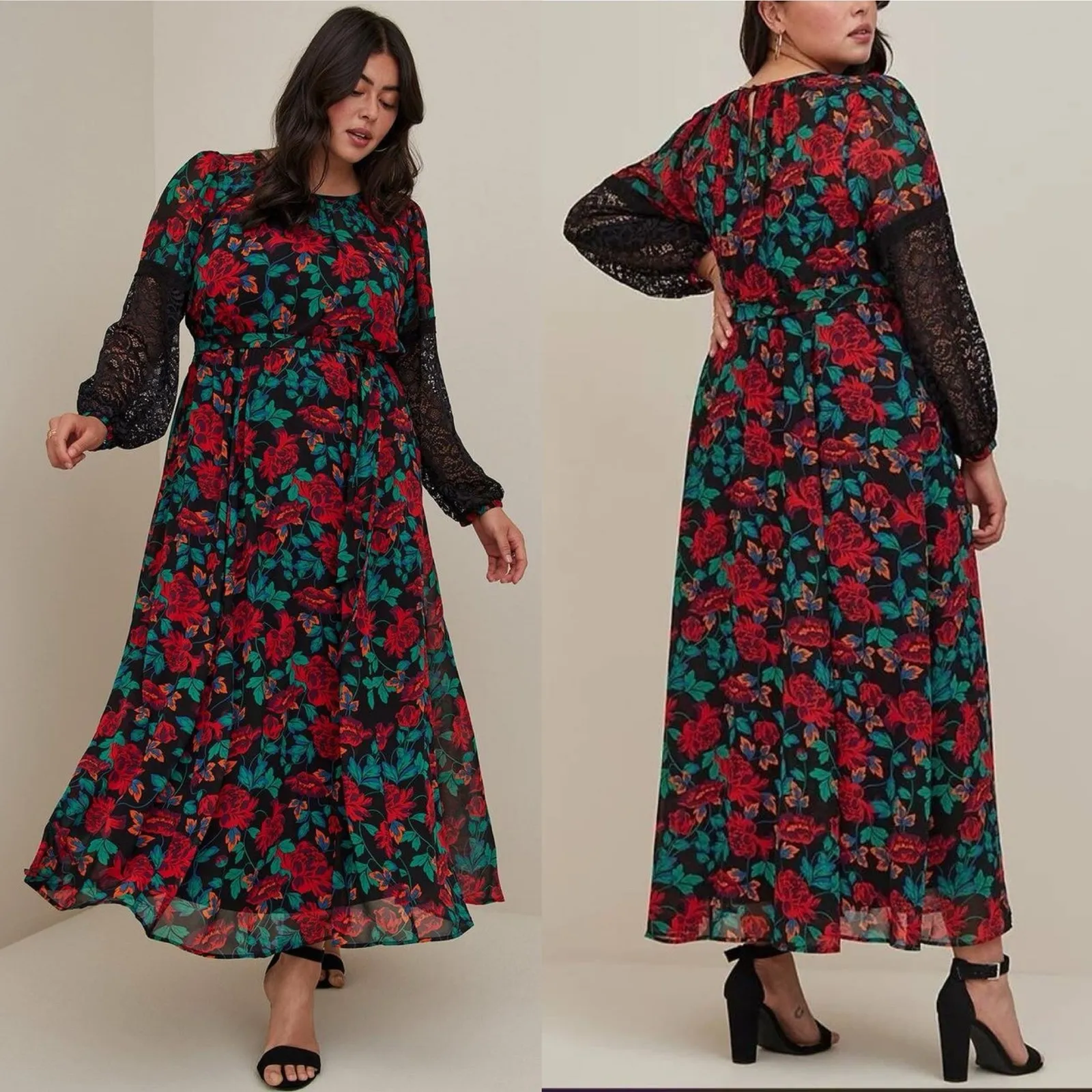 NWT Torrid Cottagecore Whimsigoth Chiffon Maxi Peasant Dress Floral Black  4X - Image 2