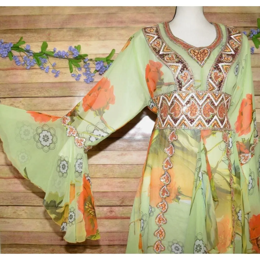Middle East Arabian Green Floral Maxi Evening Dress Gown XL 1X Sequin Ruffles - Image 5