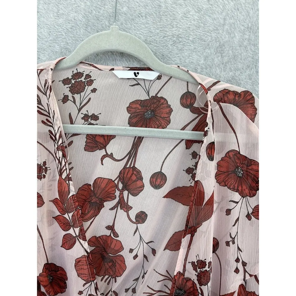 V By Very Women's Sheer Coverup Floral Size 10 US Font Tie Ruffle Hem Pink Long - Image 7