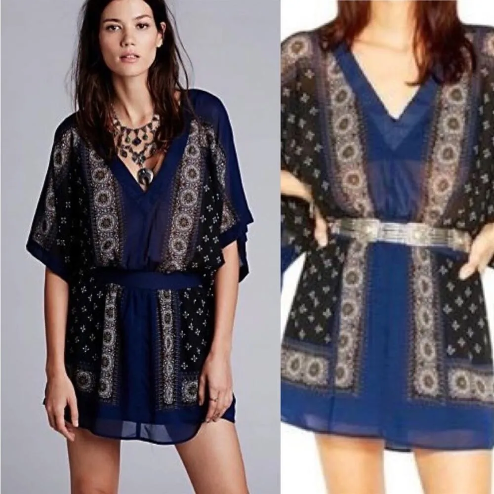 FREE PEOPLE Womens Boho Printed Kimono Tied Sleeve V-Neck Mini Dress Size XS - Image 7