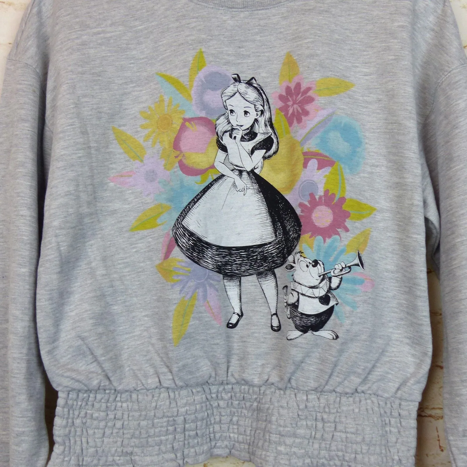 Disney Alice in Wonderland Sweatshirt Women L Gray Floral Graphic Crew Pullover - Image 2