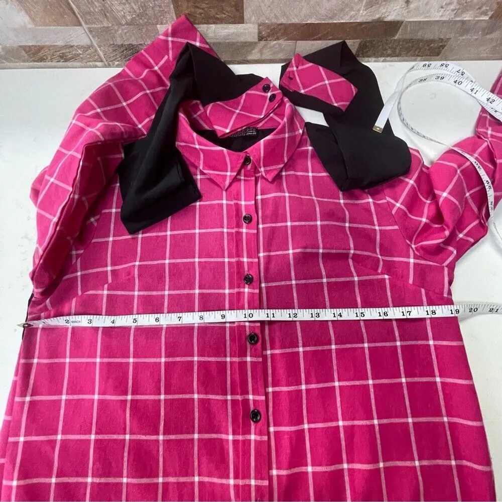 PUANLI Women's pink window pain plaid button down shirt tunic cat graphic XL - Image 10