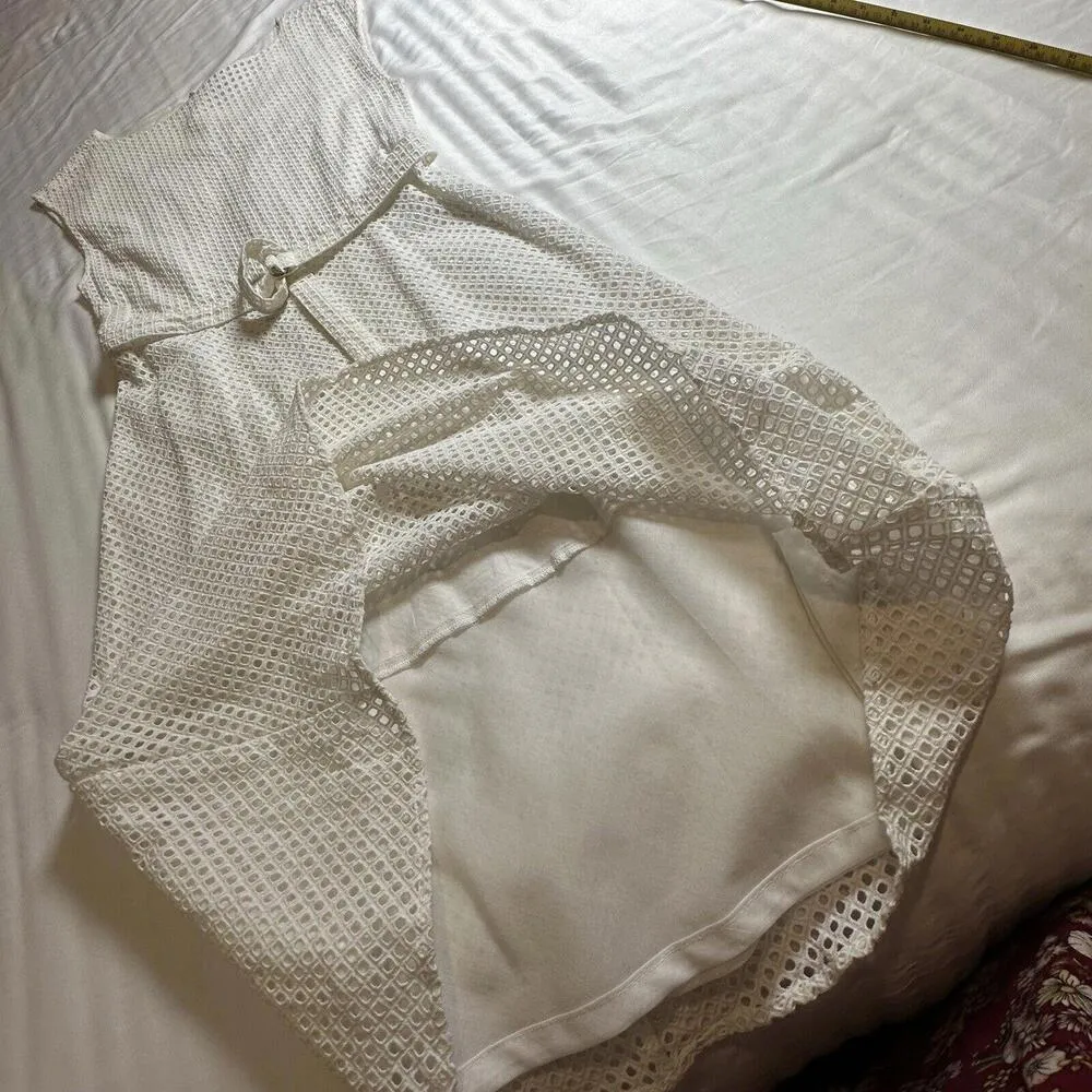 Theory Dress Afala White Eyelet Embroidered Cotton Size 4 Belted A-Line MIDI - Image 10