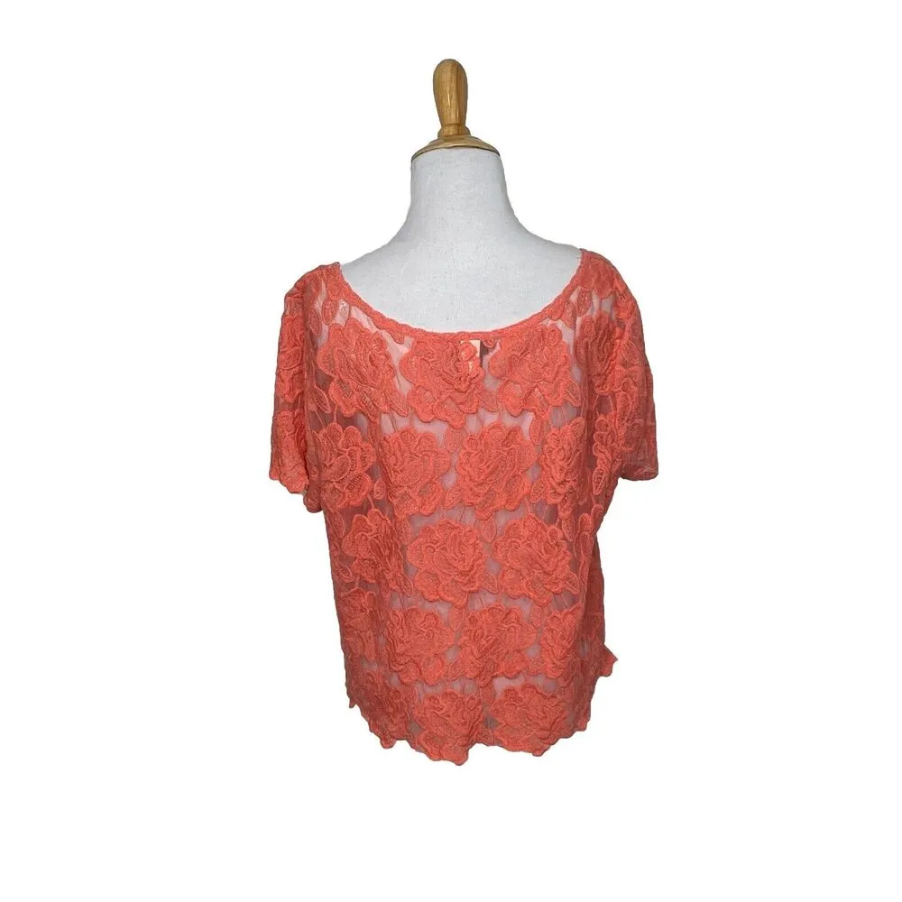 Torrid Blouse Orange Coral Lace Embroidered Cap Sleeve Scoop Neck Sheer 0 = 10 - Image 5