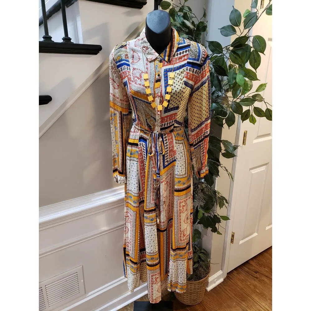 Zara Shirt Dress Womens Medium Multi Paisley Sheer Tie Waist Collar Button Front - Image 5