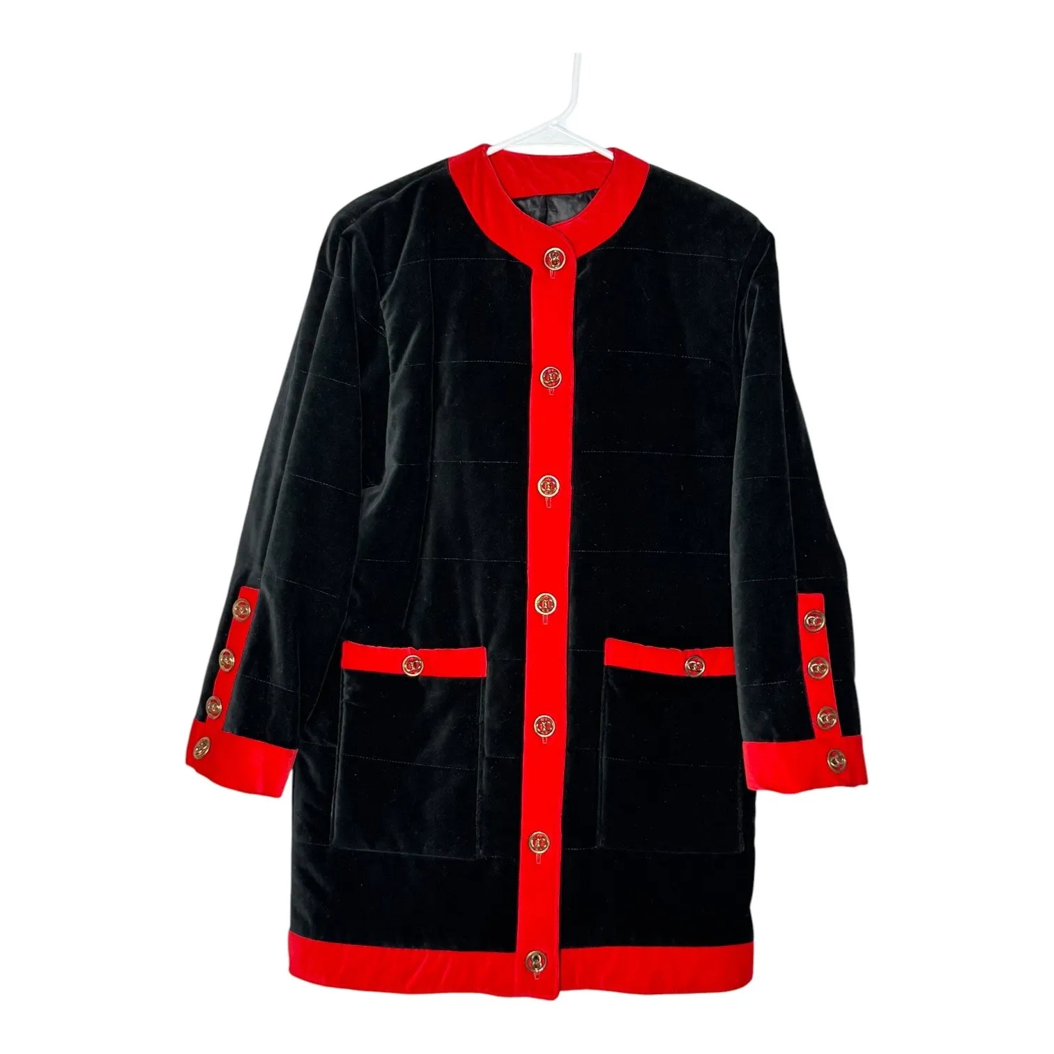 Vintage 80s Cattiva Velvet Quilted Coat Black Red Trim Gold Buttons Sz Small - Image 15