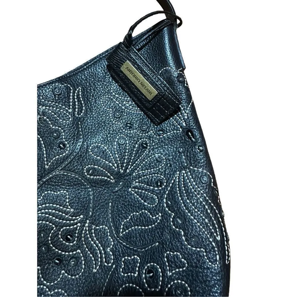 Antonio Melani black leather medium size shoulder bag purse floral stitching pat - Image 4