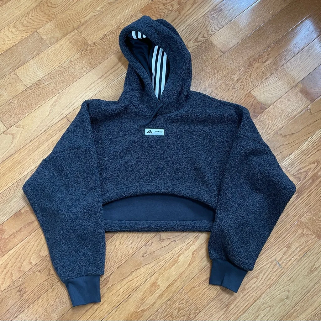 Adidas MOON BOOT Collab Women's Black Cropped Hoodie Sherpa fleece Sweatshirt L - Image 4