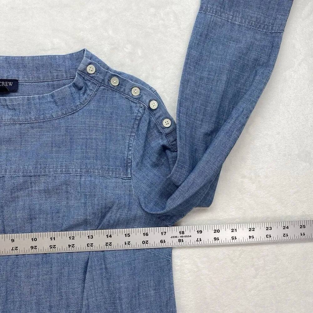 J. Crew‎ Top Womens 0 Funnel Neck in Blue Chambray Cotton Raw Hem back - Image 2