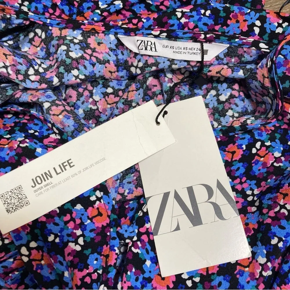 NWT Zara Blue Ditsy Floral Long Sleeve Mini Dress Size XS Ruched Front - Image 7