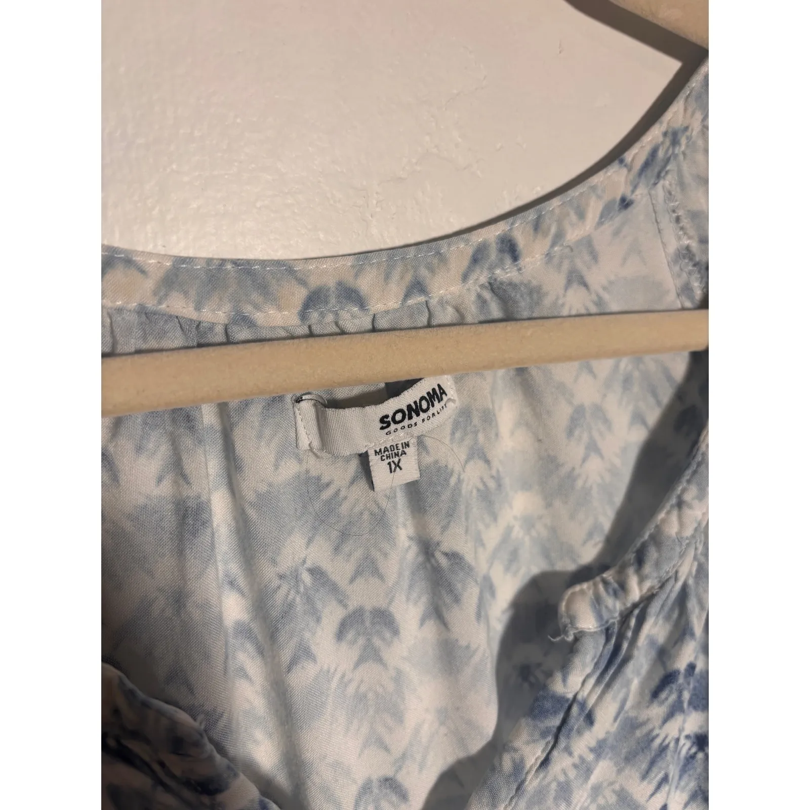 Sonoma Plus Size 1X Blue Geometric Print Peasant Blouse Coastal Beach Resortwear - Image 3