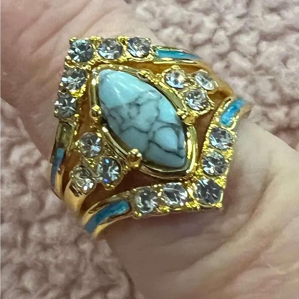 18K Gold Plated Multilayer Turquoise 3 Piece Ring - Image 2