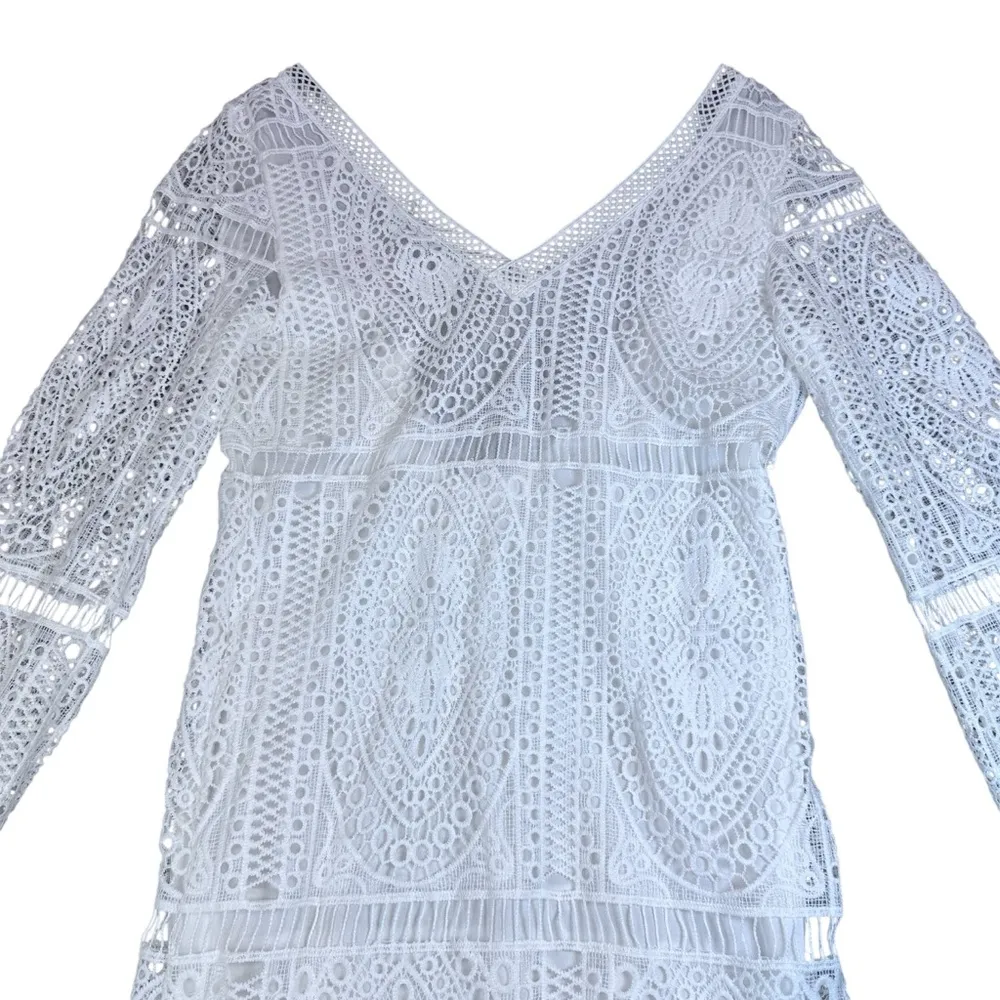 NWT Chico's White Lace V-Neck, Beach Vacation Dress, Tassel Ties Size Small - Image 5