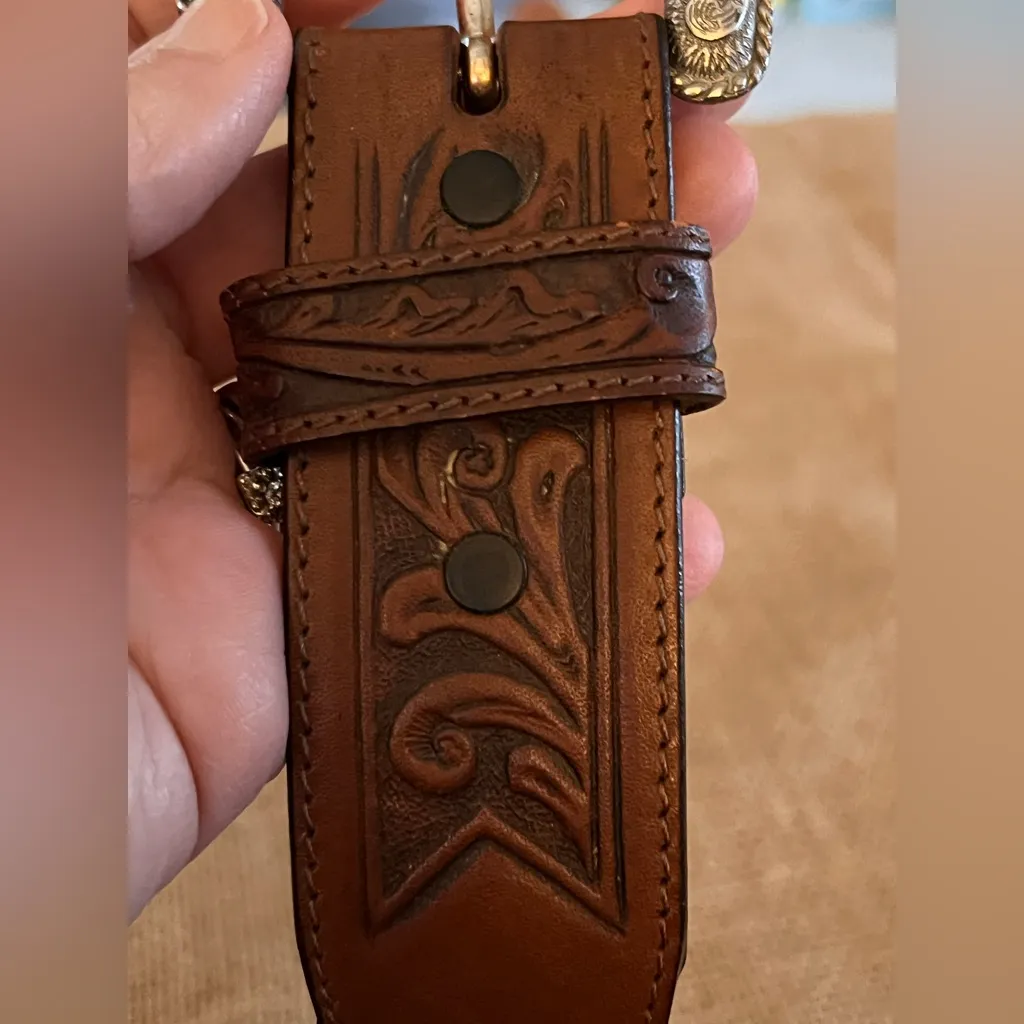 Justin Brown Tooled Cowhide Leather Concho Coin Belt Silver Buckle western 32 in - Image 3