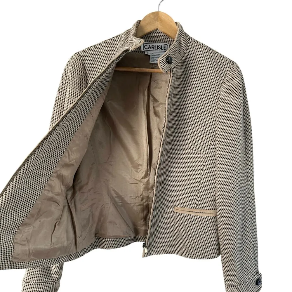 Carlisle Vintage 90s Woven Wool Blazer Jacket Tan Black High Collar Zip Up, Sz 4 - Image 7